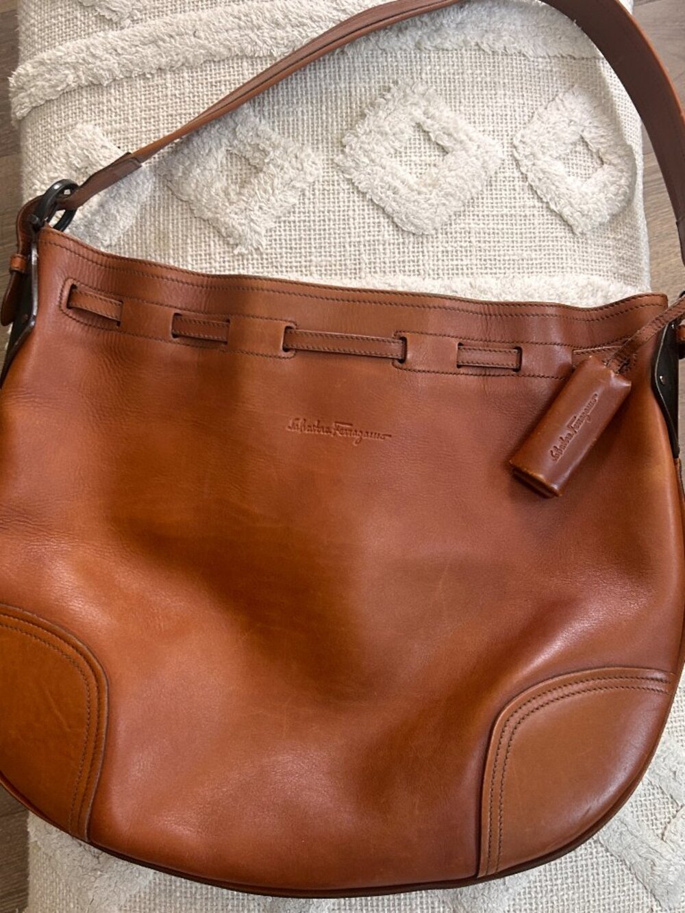 Salvatore Ferragamo, Vintage Caramel Calf Leather Drawstring Hobo Bag